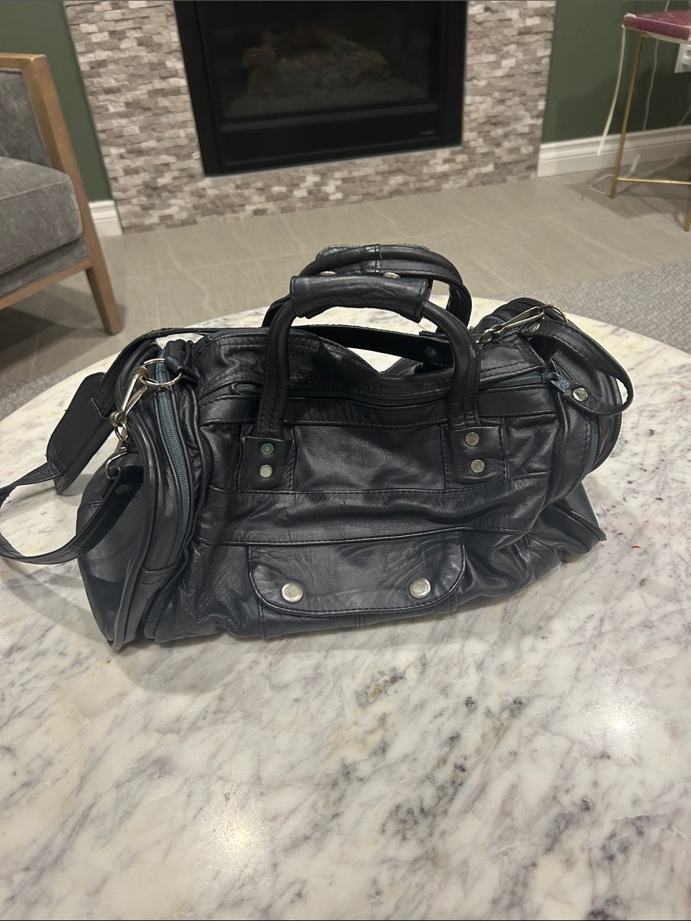 Vintage Navy 100% Leather mini Duffel Bag for Men - Classic Carryall